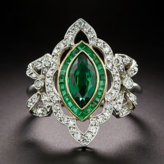 Edwardian-Style Marquise Emerald and Diamond Ring  - 2