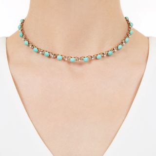 Edwardian Turquoise, Diamond And Pearl Choker Necklace