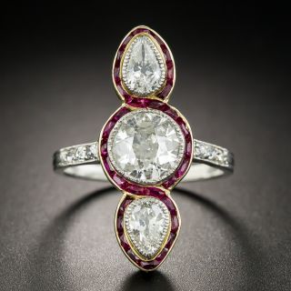 Edwardian Unique Three-Stone Diamond and Ruby Ring  - 1