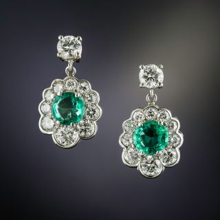 Emerald and Diamond Cluster Drop Earrings - 1