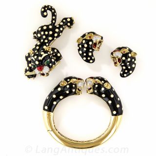 Enamel and Diamond 'Panther' Bracelet, Brooch, and Earring Set