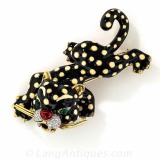 Enamel and Diamond 'Panther' Bracelet, Brooch, and Earring Set
