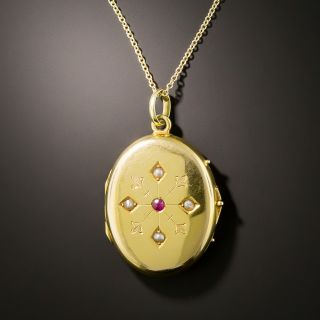 English 15K Locket with Ruby and Seed Pearls - 3