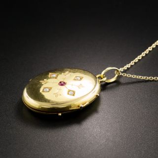 English 15K Locket with Ruby and Seed Pearls