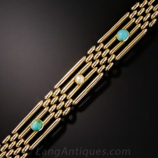 English 15K Yellow Gold Turquoise and Pearl Gate Bracelet