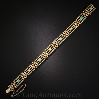 English 15K Yellow Gold Turquoise and Pearl Gate Bracelet