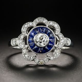 English Art Deco Style Diamond and Sapphire Ring