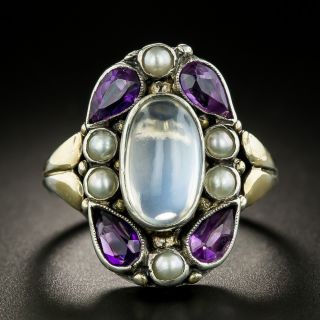  English Arts & Crafts Moonstone, Amethyst, and Pearl Ring by Bernard Instone - Size 9 3/4 - 4