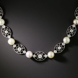English Edwardian Natural Pearl and Diamond Necklace - GIA - 2