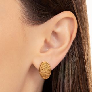 English Engraved Oval Gold Earrings, Circa 1902