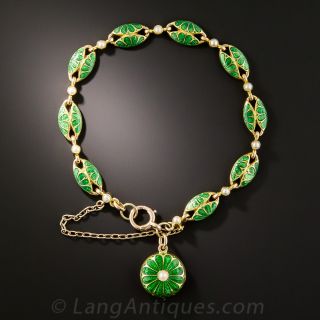 English Green Enamel and Pearl Bracelet