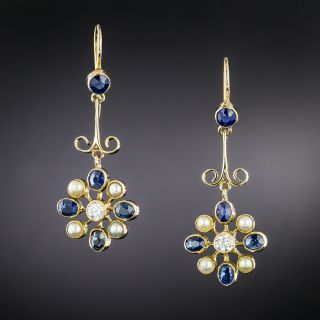 English Sapphire, Pearl and Diamond Flower Earrings, Circa 1900 - 2