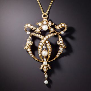 English Victorian/Art Nouveau Seed Pearl and Diamond Lavaliere - 2