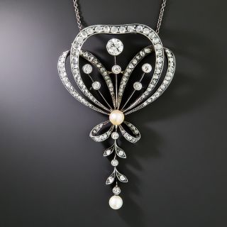 English Victorian Diamond and Pearl Bow Necklace - 3