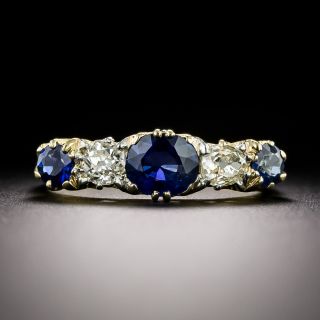 English Victorian Sapphire and Diamond Five-Stone Carved Ring - 3