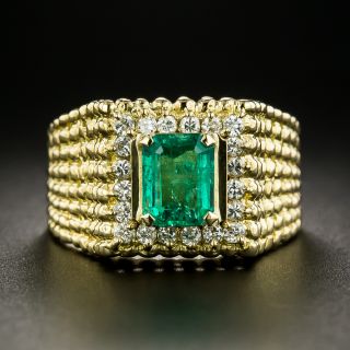 Estate 1.21 Carat Emerald and Diamond Textured Ring - 2