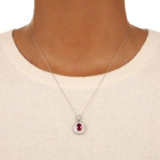 Estate 1.46 Carat Burmese Ruby and Diamond Halo Necklace