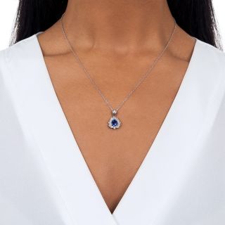 Estate 1.48 Carat Pear-Shaped Sapphire in Marquise and Round Diamond Halo Necklace