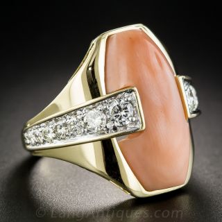 Estate 18K Coral and Diamond Ring