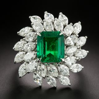 Estate 2.94 Carat Emerald And Marquise Diamond Ring - GIA F1 - 2