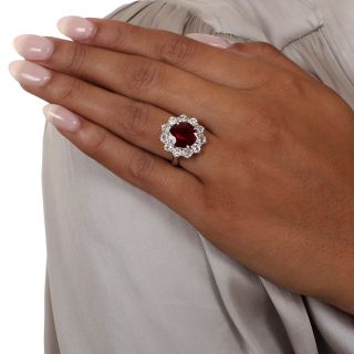 Estate 3.19 Carat Ruby and Diamond Halo Ring - GIA