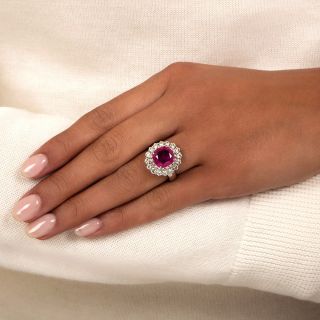 Estate 4.18 Carat Burmese Ruby and Diamond Double Halo Ring - GIA
