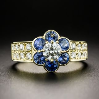 Estate .43 Carat Diamond and Sapphire Flower Ring - 2