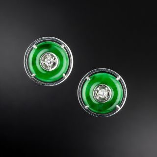 Estate Bi Disc Jade and Diamond Earrings - 2