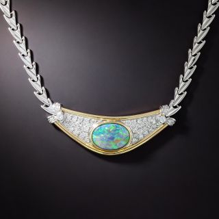 Estate Black Opal and Diamond Plaque Necklace  - 1