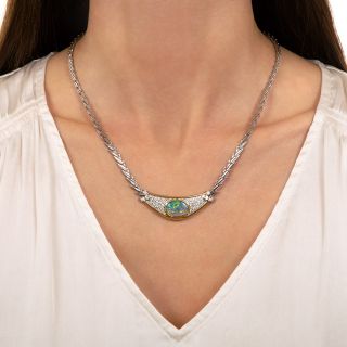 Estate Black Opal and Diamond Plaque Necklace 