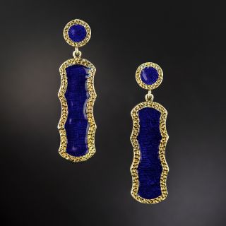 Estate Blue Enamel and Gold Dangle Earrings - 2
