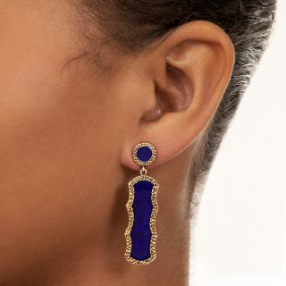 Estate Blue Enamel and Gold Dangle Earrings