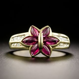Estate Cabochon Ruby and Diamond Flower Ring - 2