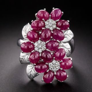Estate Cabochon Ruby and Diamond Three-Flower Ring - 3