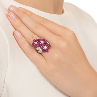 Estate Cabochon Ruby and Diamond Three-Flower Ring