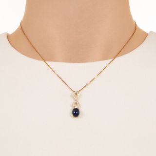 Estate Cabochon Sapphire and Diamond Drop Necklace