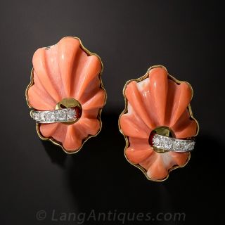 Estate Carved Coral and Diamond Earrings by TRIO - 1