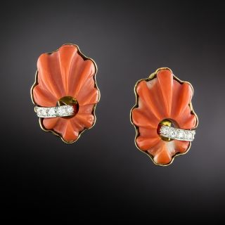 Estate Carved Coral and Diamond Earrings by TRIO - 1