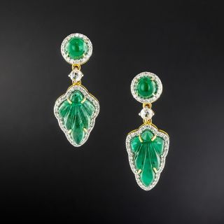 Estate Carved Emerald and Diamond Earrings - 2