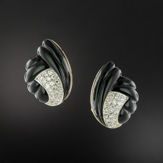 Estate Carved Onyx and Diamond Clip Earrings - 2