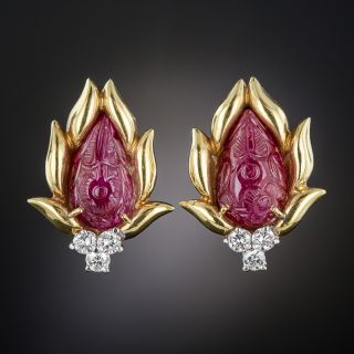 Estate Carved Ruby and Diamond Earrings - 4