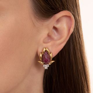 Estate Carved Ruby and Diamond Earrings