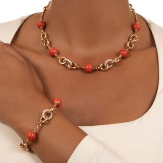 Estate Coral and Diamond Necklace and Bracelet Set