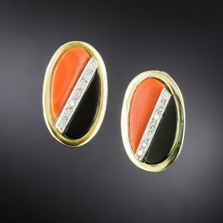 Estate Coral, Onyx and Diamond Clip Earrings - 2
