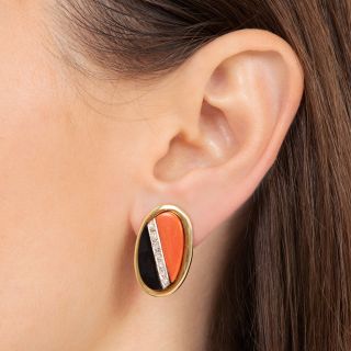 Estate Coral, Onyx and Diamond Clip Earrings