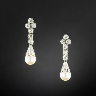 Estate Cultured Pearl and Diamond Dangle Earrings  - 2