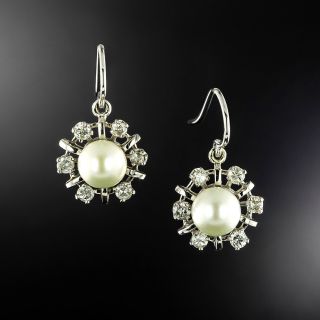Estate Cultured Pearl and Diamond Drop Earrings - 2