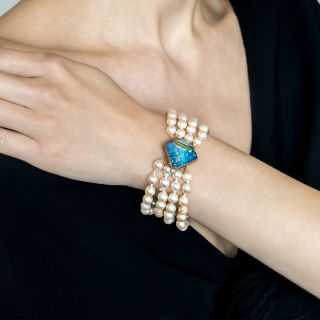 Estate Cultured Pearl, Opal and Diamond Bracelet