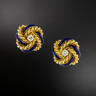 Estate Diamond and Blue Enamel Knot Stud Earrings - 1