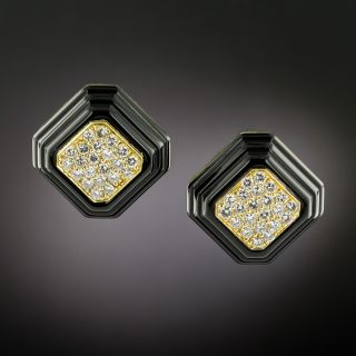 Estate Diamond and Onyx 18K Earrings - 4